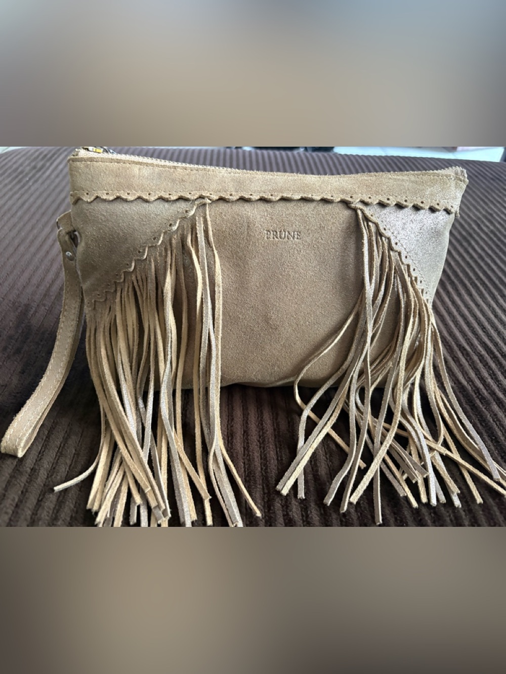 Prune Tan Suede Fringe Wristlet Clutch